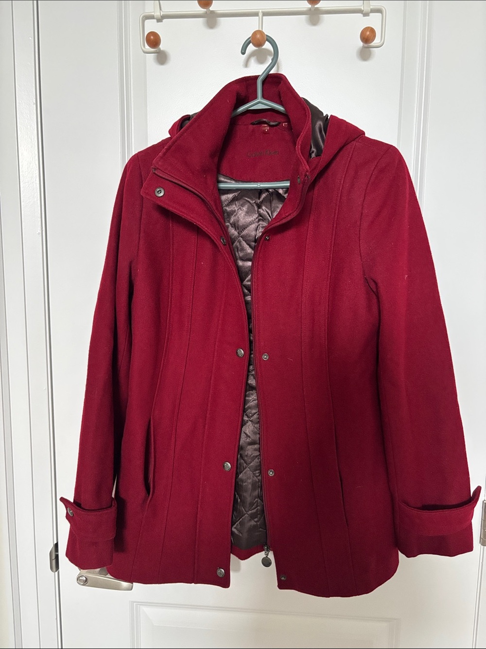 Calvin Klein Red Wool-Blend Hooded Pea Coat